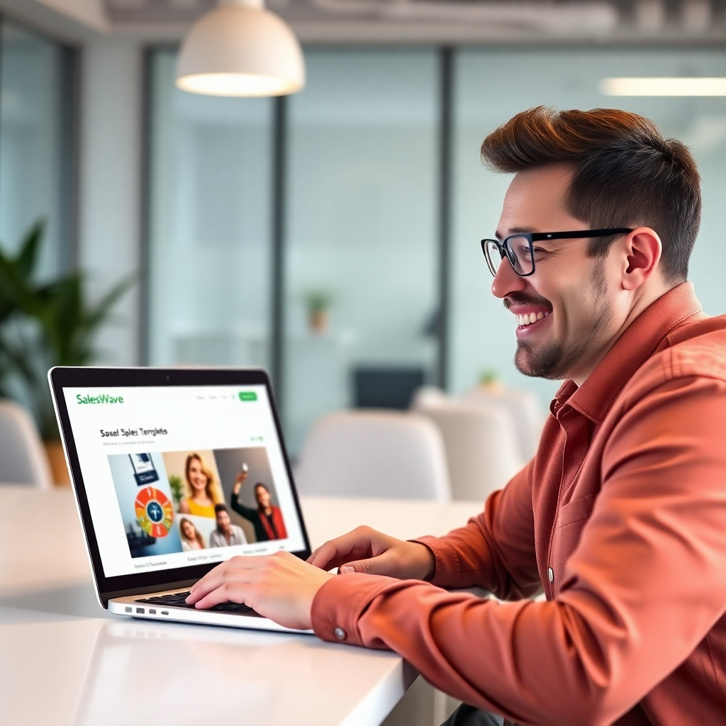 A photorealistic image of a person smiling and looking at a laptop screen showing a beautiful, high-converting sales funnel landing page built with SalesWave.  The background should be a modern, bright office space. The laptop should clearly display the SalesWave logo and a selection of the templates available.  The overall mood should be one of success and ease of use.