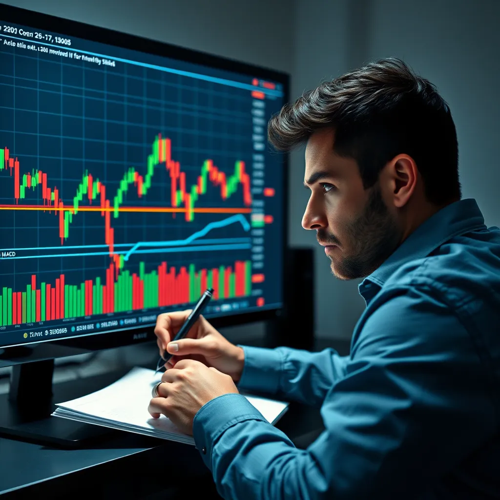 A photorealistic image of a person looking intently at a computer screen displaying a stock chart with various technical indicators, such as moving averages and MACD, highlighted. The person is holding a pen and notepad, actively analyzing the chart.