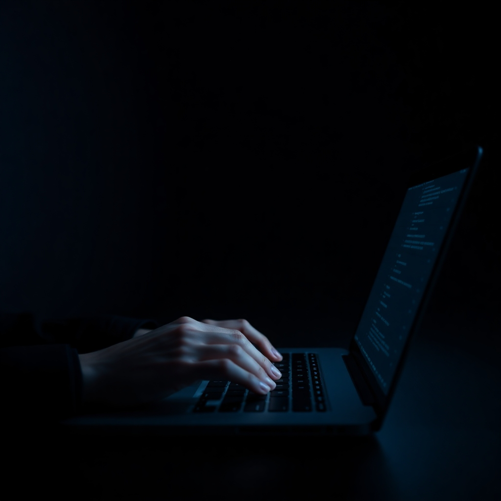 A photorealistic image of a person's hands typing on a laptop in a dimly lit room, with only the glow of the screen illuminating their face. The background should suggest privacy and security, emphasizing the faceless nature of the business.