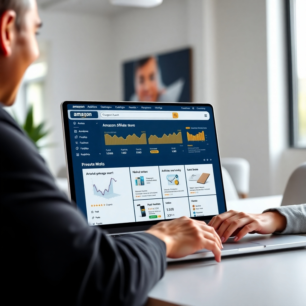  A photorealistic image of a person smiling and looking at a laptop screen displaying a newly created Amazon affiliate store dashboard with various analytics and product listings. The background should be a modern, minimalist office setting with natural light. The laptop should be sleek and modern.