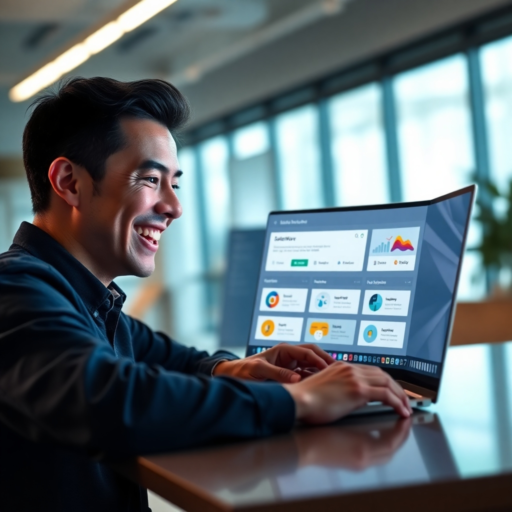 A photorealistic image of a person smiling and looking at a laptop screen displaying a SalesWave funnel builder interface. The interface should be clean and intuitive, showcasing drag-and-drop functionality. The background should be a modern, bright office setting. The overall mood should be one of ease and efficiency.