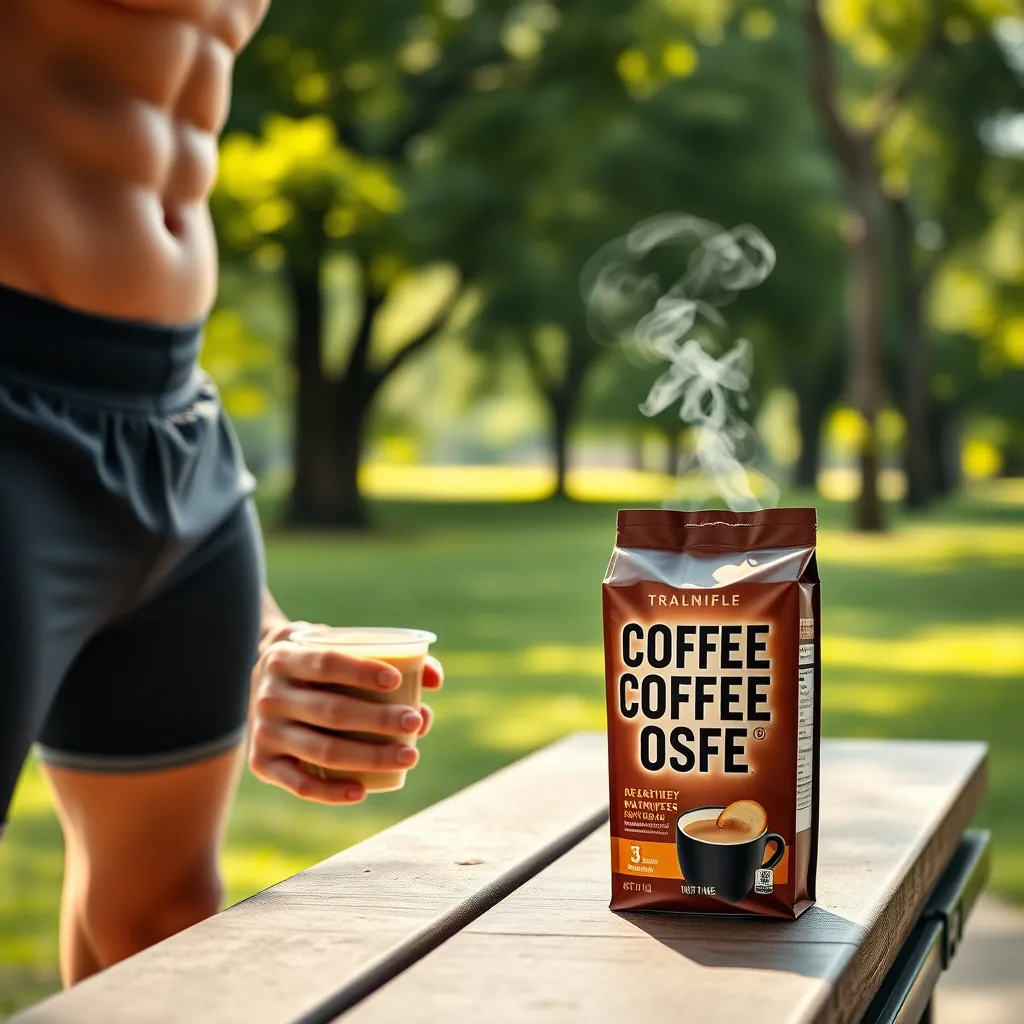 A photorealistic image of a person exercising outdoors in a park, feeling energized and healthy. They are sweating and wearing workout clothes, with a cup of coffee and a steaming cup of the coffee booster beside them on a bench, showcasing the product in a vibrant, natural setting.