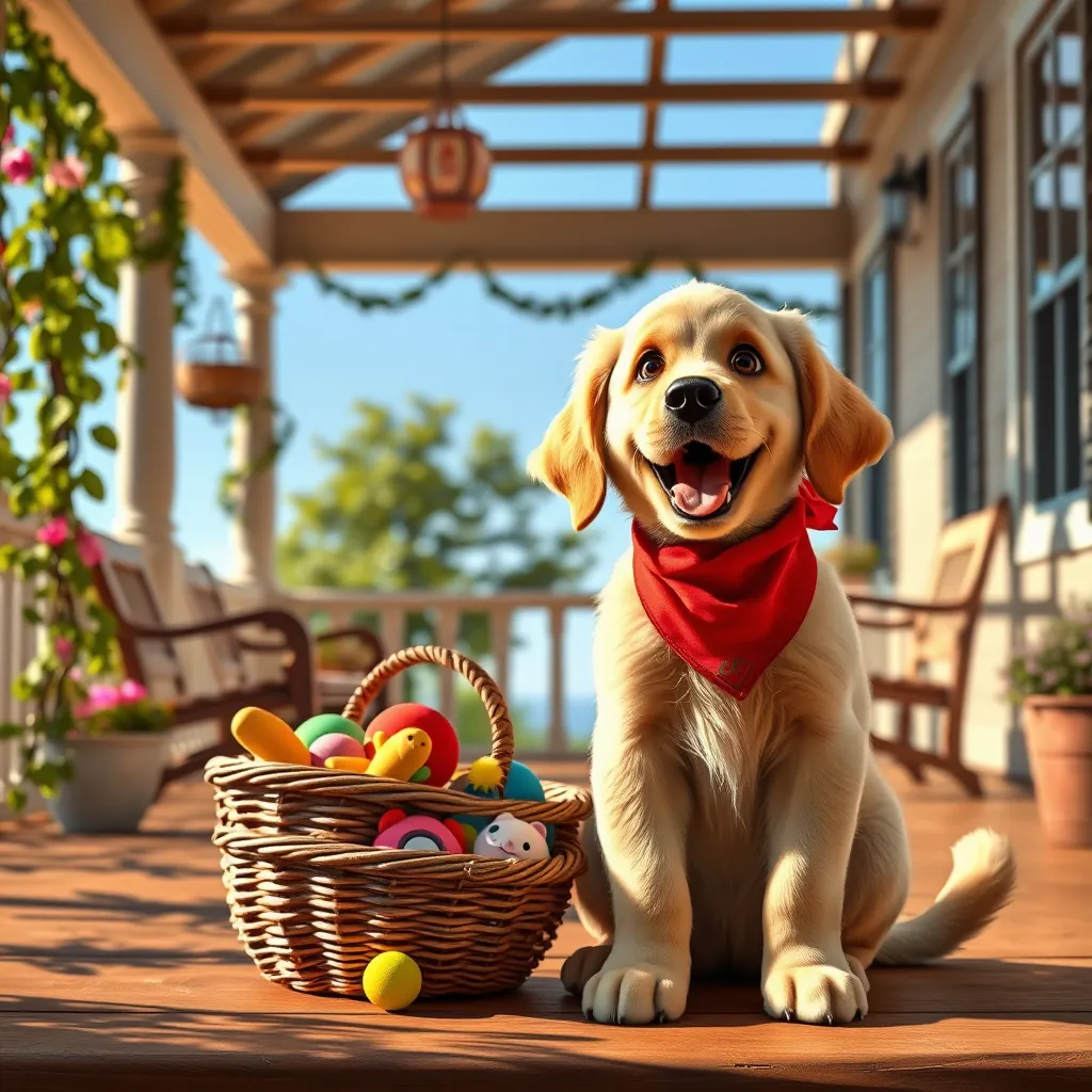 A photorealistic image of a playful golden retriever puppy wearing a red bandana, sitting on a sunny porch with a basket of colorful toys. The puppy is excitedly wagging its tail, looking directly at the viewer, and speaking with a playful, friendly tone. The background is a charming, old-fashioned porch with wooden furniture, flowering vines, and a clear blue sky. The image should be in 8K resolution, hyperrealistic, with soft, warm lighting and a light, airy color palette. The style should resemble the animated, expressive nature of a Disney film, with vibrant colors and playful details.