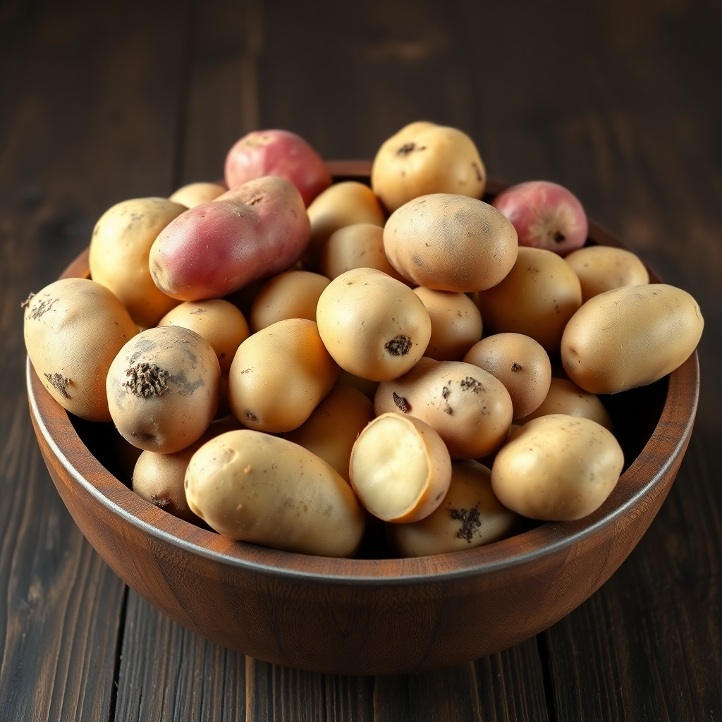 A photorealistic image of a rustic wooden bowl overflowing with various types of potatoes: red potatoes, Yukon gold potatoes, russet potatoes. The potatoes should be clean and look freshly harvested, with some soil still clinging to a few. The background should be a dark, textured wooden surface, with soft, natural lighting.