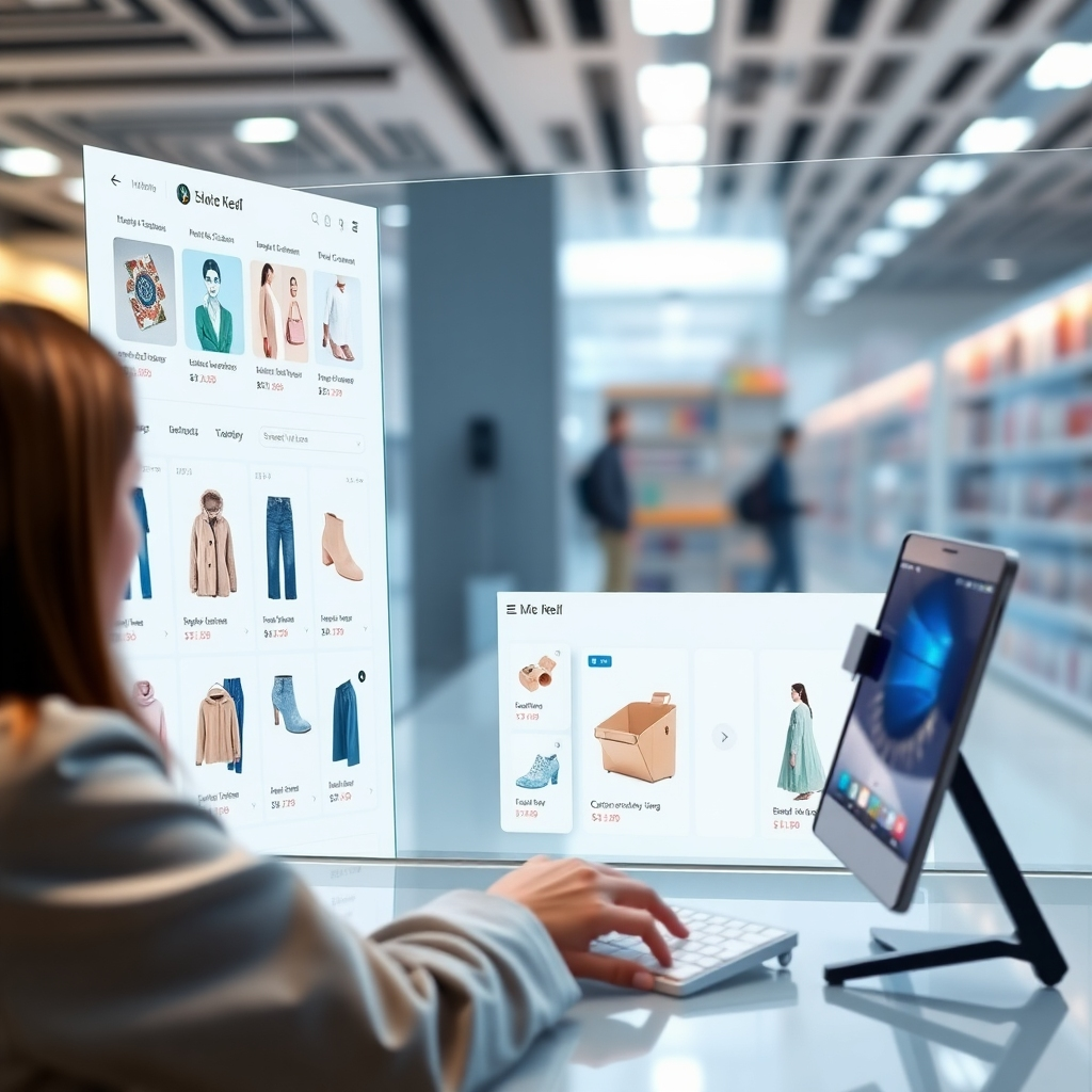 A photorealistic image of a seamless e-commerce shopping experience powered by AI. Show a user interacting with a website that provides personalized product recommendations, AI-powered customer service chatbots offering immediate support, and dynamic marketing content adjusting to the user's behavior in real-time. The overall design should be clean, professional, and user-friendly.