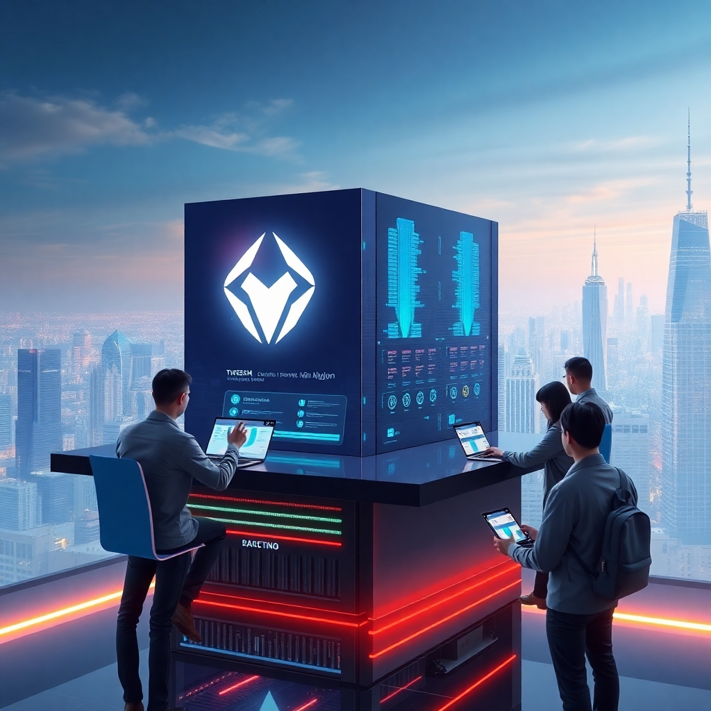 A photorealistic image of a sleek, branded cryptocurrency mining platform with a customizable logo and color scheme prominently displayed. The image should show multiple users interacting with the platform simultaneously, demonstrating scalability and accessibility. The background should show a futuristic city skyline implying global reach and opportunity.