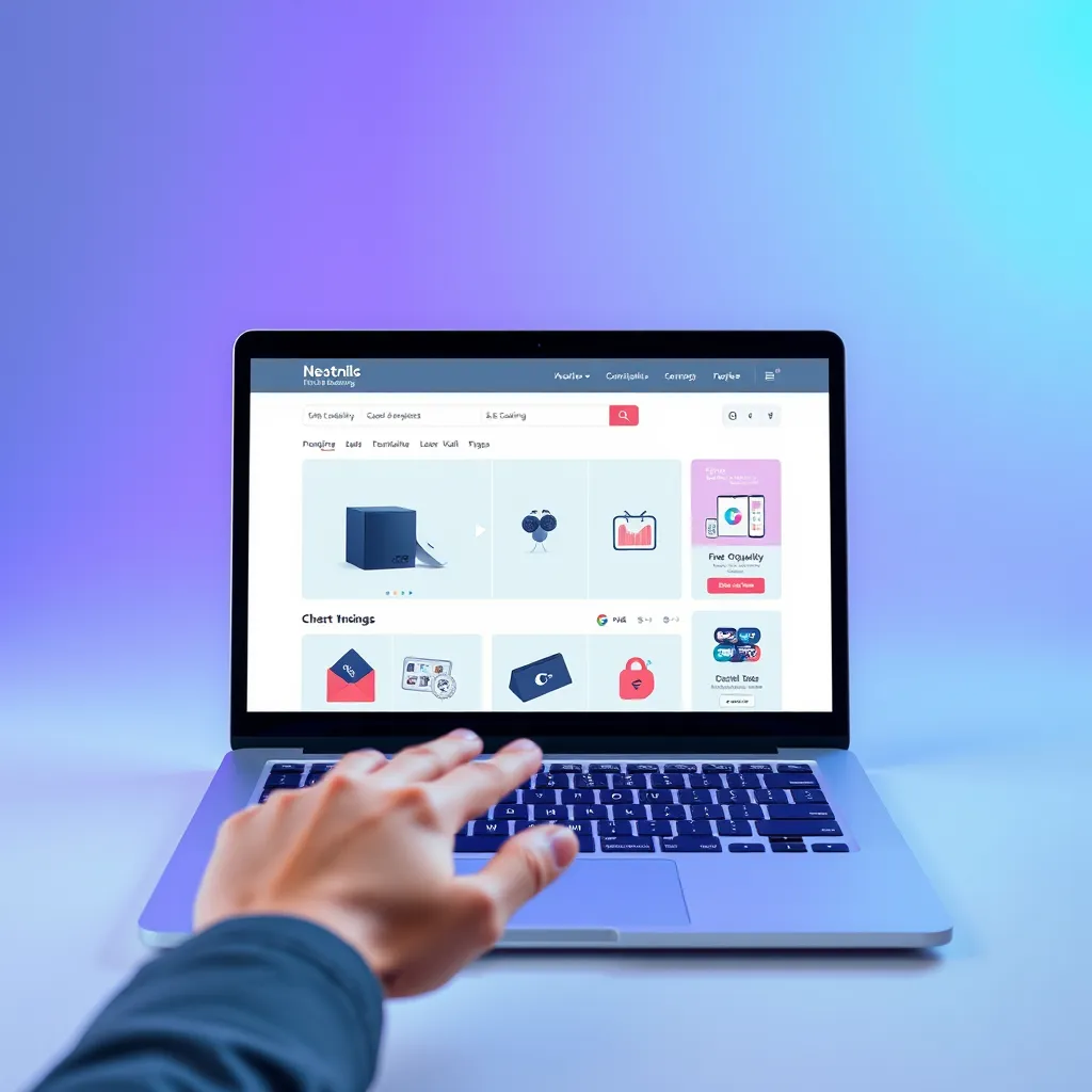 A photorealistic image of a sleek, modern e-commerce website showcasing a variety of digital products. The background should be a soft gradient of blue and purple, creating a sense of innovation and technology. The website interface should be clean and user-friendly, with high-quality product images and clear call-to-actions. In the foreground, a hand hovers over a laptop screen, highlighting the ease of navigating the website and browsing products. The image should be in 8K resolution, with meticulous detail and vibrant colors, capturing the excitement and potential of launching an online business.