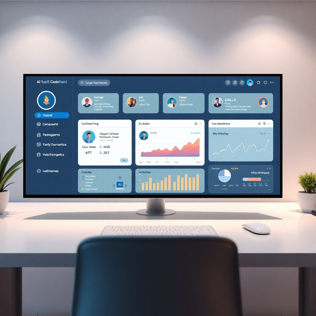A photorealistic image of a sleek, modern dashboard displaying various AI tool interfaces (ChatGPT, DALL-E, etc.) seamlessly integrated.  The background should be a clean, minimalist workspace with ambient lighting. The overall feel should be one of efficient organization and streamlined productivity.