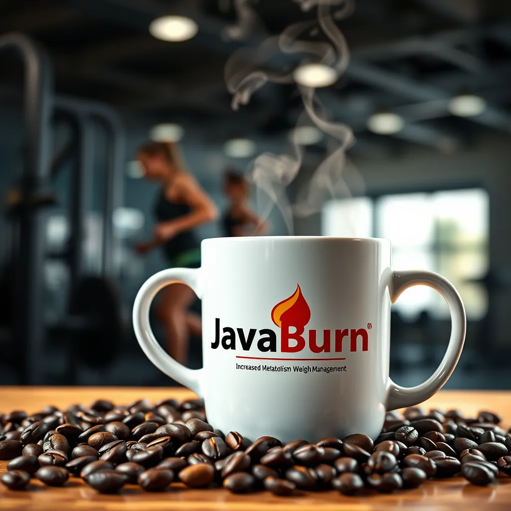 A photorealistic image of a steaming cup of JavaBurn coffee with coffee beans scattered around it. The background should be a blurred image of a person exercising at the gym. The image should have a vibrant, energetic feel, emphasizing the concept of increased metabolism and weight management.