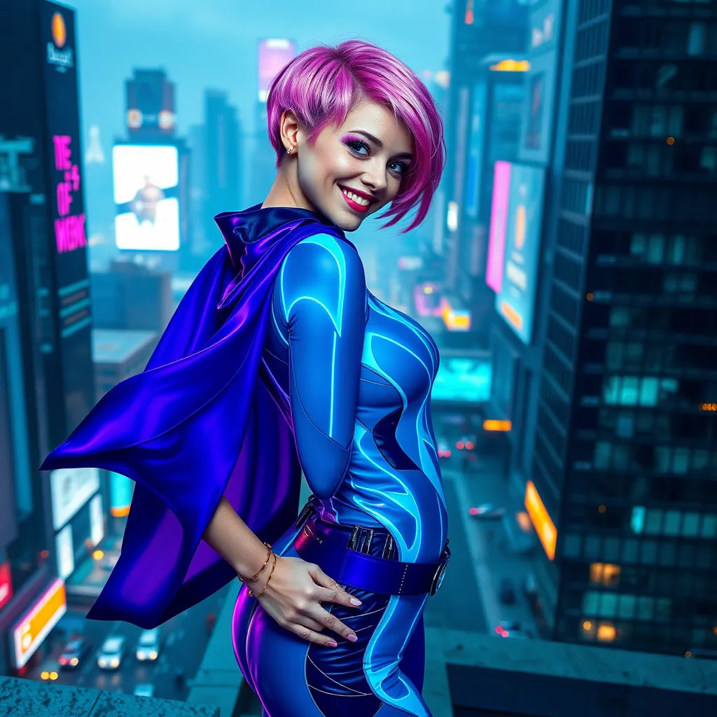 A photorealistic image of a stylish young woman with short, vibrant pink hair and a mischievous smile.  She is wearing a futuristic, holographic jumpsuit in shades of blue and purple,  with glowing accents and a dynamic, flowing cape. She is standing on a rooftop overlooking a bustling, cyberpunk city with holographic billboards and neon lights. The image should be in 8K resolution with hyperrealistic details, dramatic side lighting, and a cool, futuristic color palette. The style should resemble the cyberpunk aesthetics of films like 'Blade Runner' and 'The Matrix,' with a focus on highly detailed textures and materials.