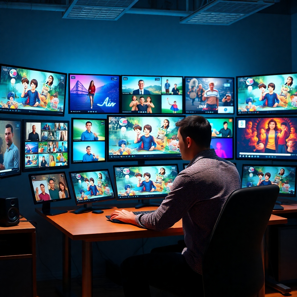 A photorealistic image of a user sitting at a desk, surrounded by multiple screens displaying a variety of diverse, high-quality animated videos.  The background features various colorful animation assets and software interfaces.