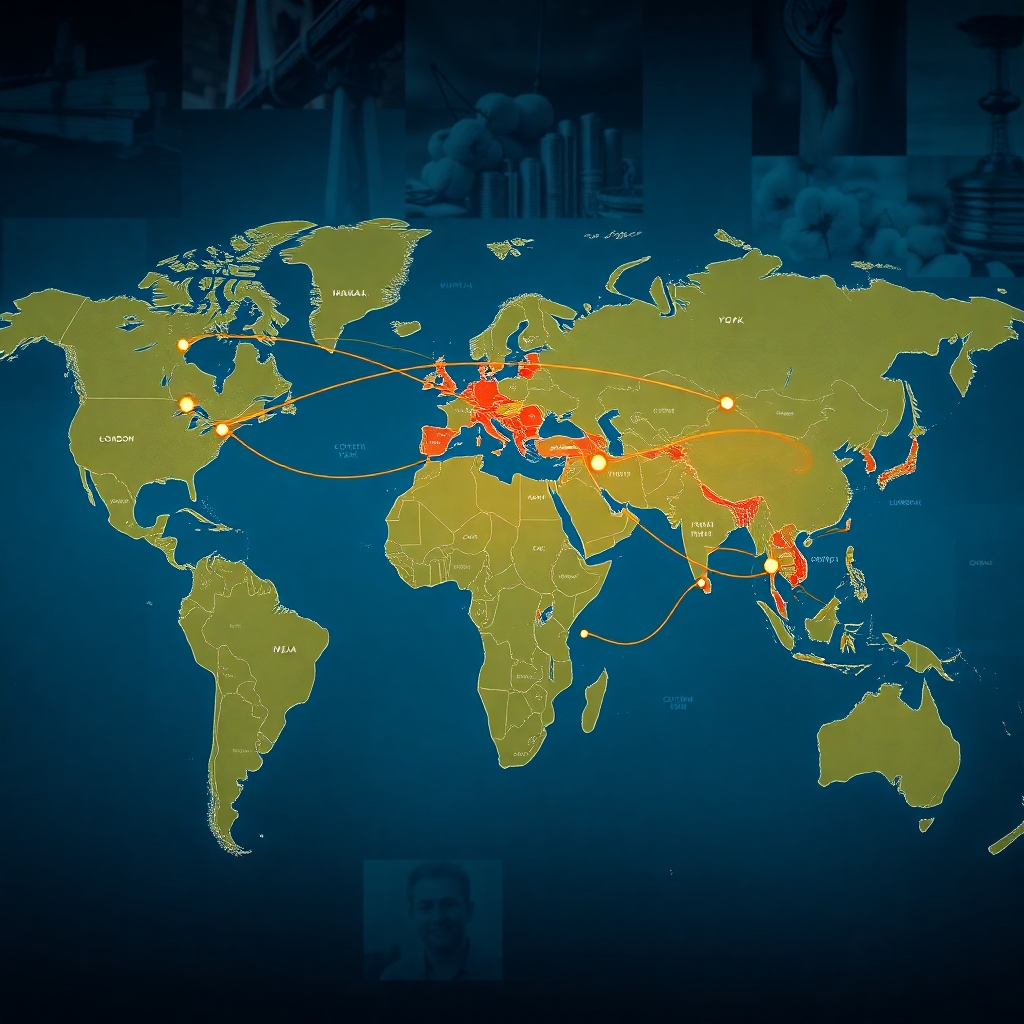 A photorealistic image of a world map with highlighted trade routes connecting Mumbai, India, to major textile hubs globally (e.g., New York, London, Shanghai).  The map should be vibrant, with subtle animations showing the flow of cotton and textile products along these routes.  The background should subtly feature images representing the cotton and textile industries.