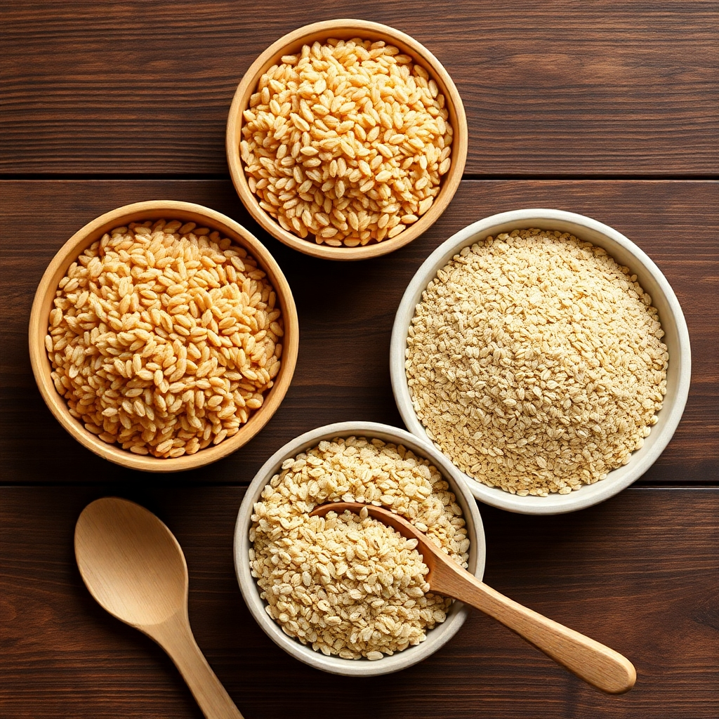 A photorealistic image of various grains in individual bowls arranged on a wooden table. The bowls should contain uncooked brown rice, rolled oats, and quinoa. The image should be brightly lit, showcasing the texture and color of each grain. A wooden spoon rests on the table near the bowls.