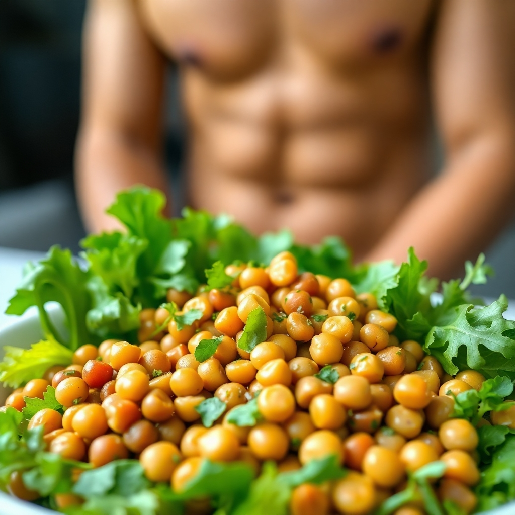 A photorealistic image showcasing a vibrant salad with lentils, chickpeas, mixed greens, and a light vinaigrette.  In the background, a person is visibly toned and healthy, suggesting the positive effects of a high-protein diet on body composition.  The lighting and styling should be clean and modern.