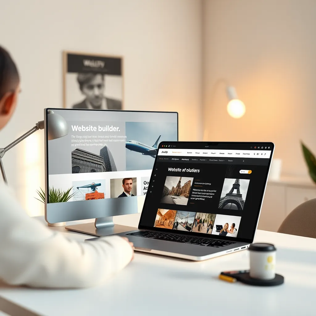 A photorealistic image showcasing the power of AI DADDY's website builder.  Depict a website builder interface with a user actively creating a modern, minimalist website. Highlight the ease of use with drag-and-drop elements, intuitive design tools, and pre-built templates. The user's screen should showcase a visually appealing website design with captivating images and clean typography.  The background should depict a  modern, minimalist workspace with a sleek laptop, a  stylish desk, and a muted color palette. The lighting should be natural and soft, casting a warm glow on the scene. Render the image in 8K resolution with hyperrealistic detail,  emphasizing the user-friendly and efficient nature of the website builder.