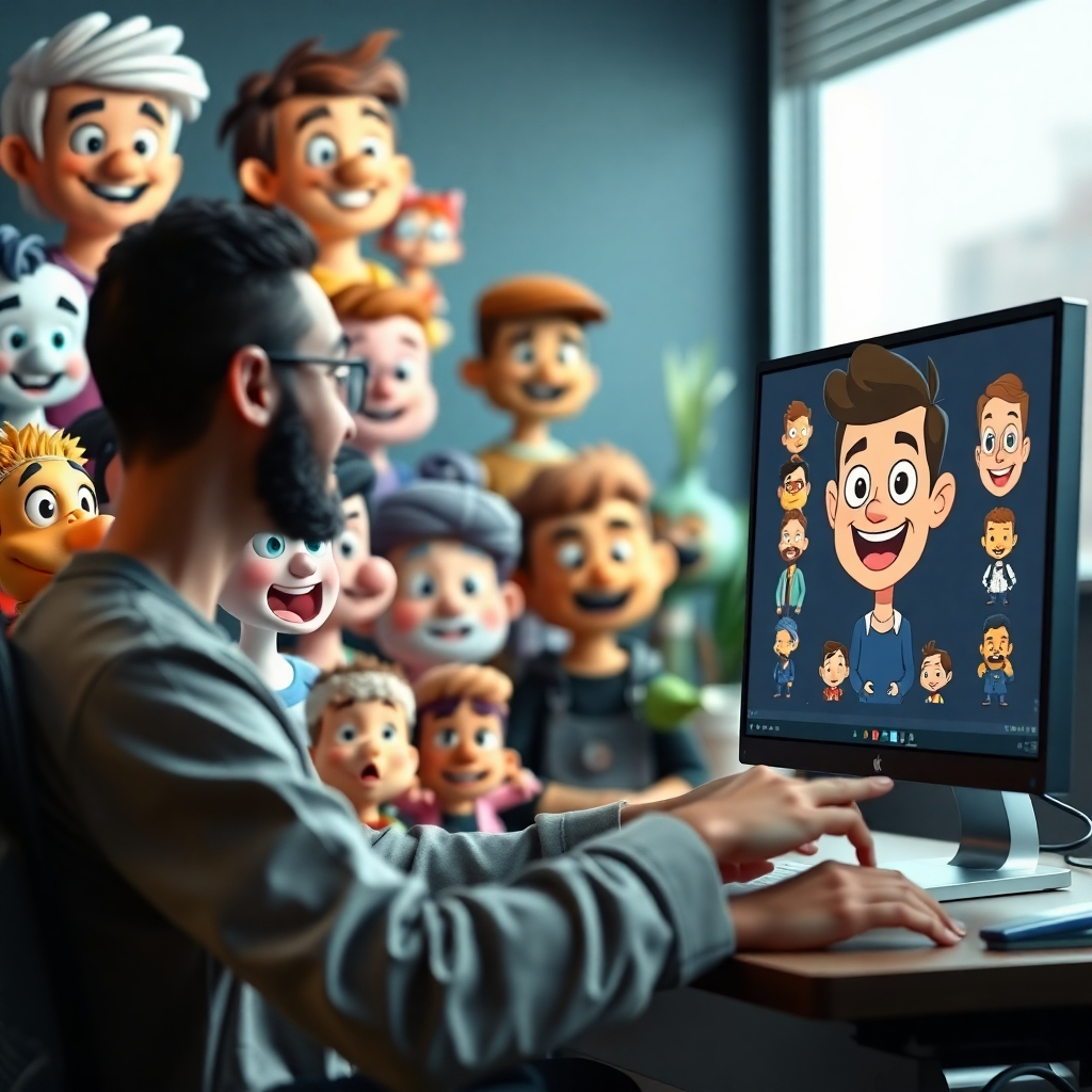 A photorealistic image showcasing a variety of diverse AI-generated toon characters, each with unique features and styles, alongside a person happily interacting with their own personalized cartoon avatar on a computer screen, emphasizing customization options.