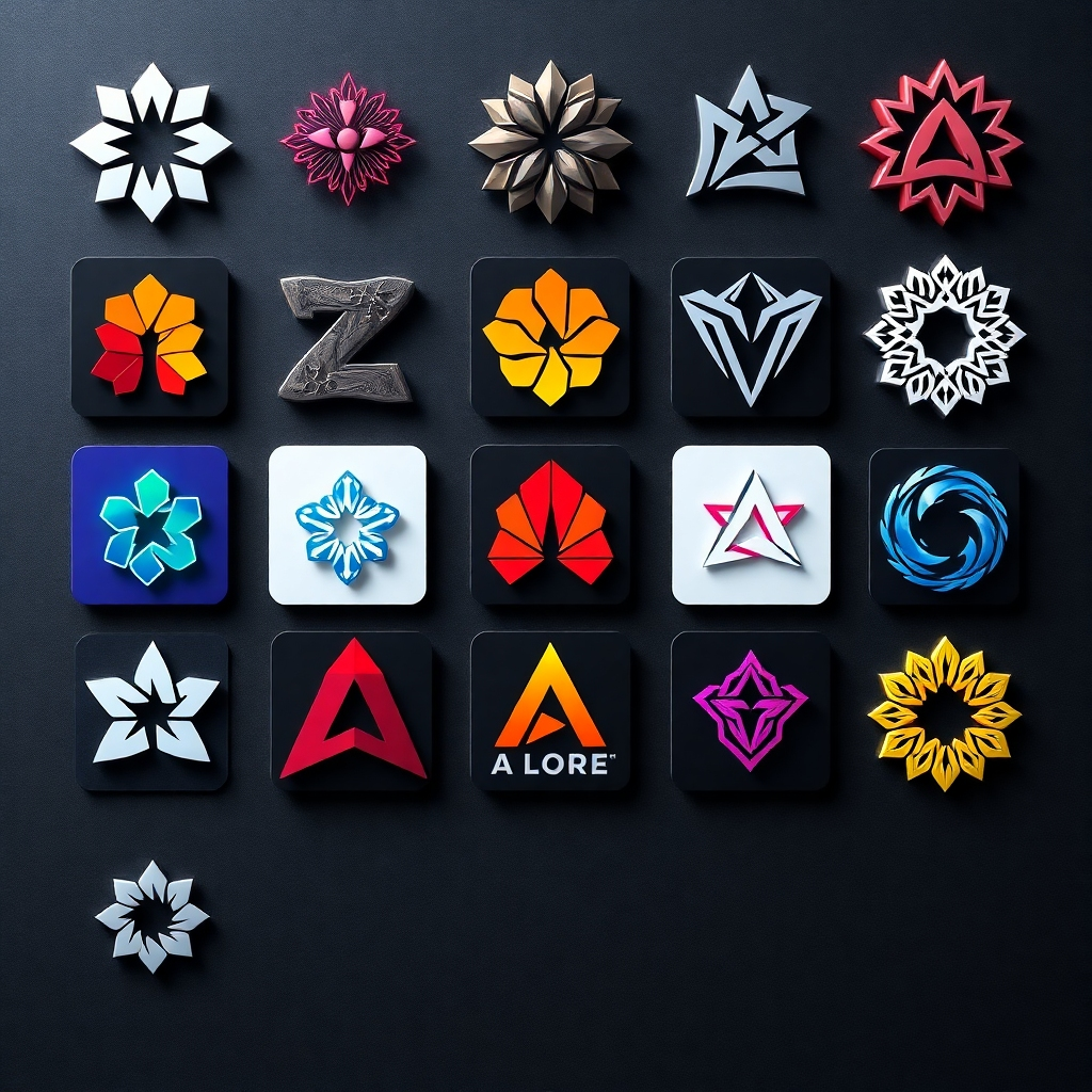 A photorealistic image showcasing a diverse range of stunning designs—logos, artwork, and images—generated by Artistly.  The designs should be diverse in style, from minimalist to intricate, showcasing the range of the AI's capabilities.  The background should be a dark, subtly textured surface, highlighting the vibrancy of the designs.