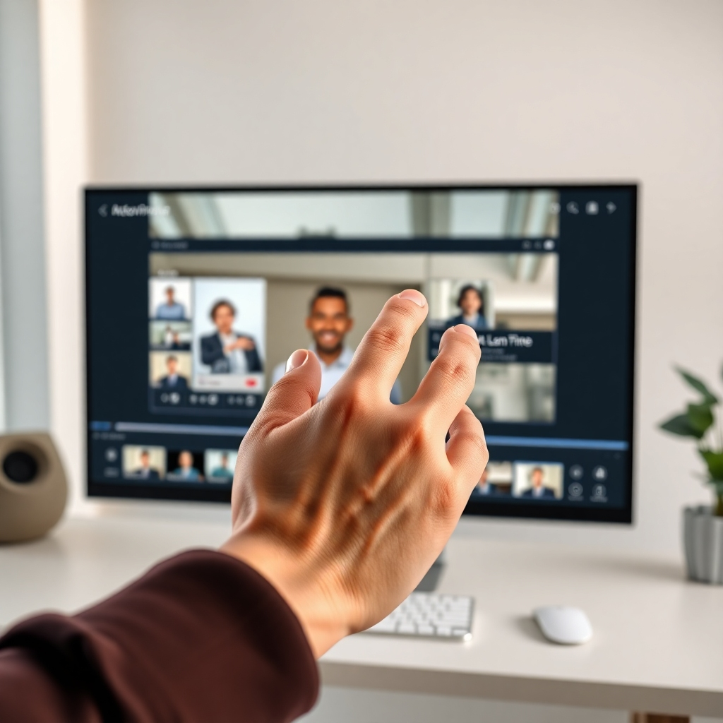 A photorealistic image showcasing a clean and intuitive interface of video editing software.  The screen displays a 4K video with clickable elements already added.  A hand hovers over a tool that allows for easy addition of interactive quizzes or polls. The background should show a modern, minimalist workspace.