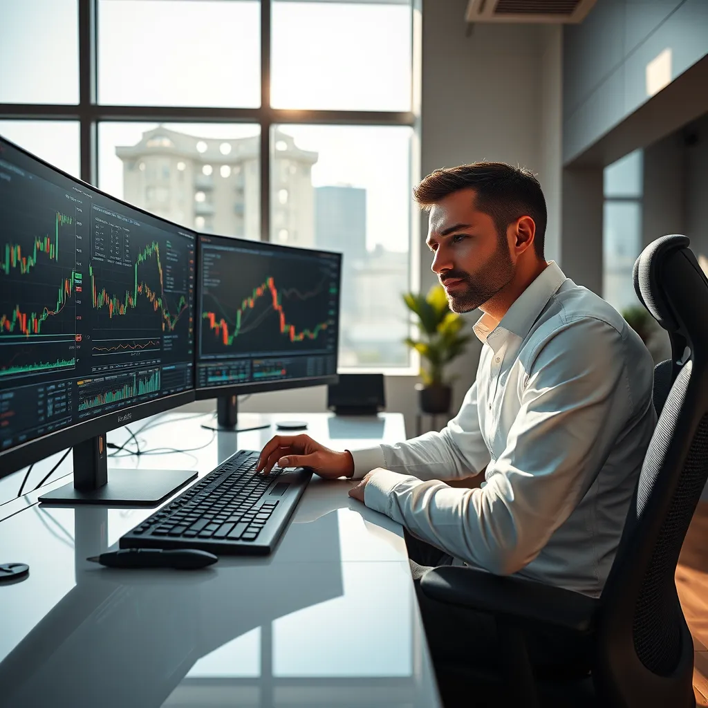 A photorealistic image showcasing the power of intraday trading. A confident trader sits at a sleek, modern desk, facing a large multi-monitor setup displaying live market data and charts. The trader has a focused expression, analyzing the information and making strategic decisions with a wireless mouse. The room is bathed in soft, natural light streaming in from large windows, creating a calm and professional atmosphere. The scene should exude a sense of control, precision, and financial success. Use a wide-angle lens for a dynamic perspective, capturing the depth and scale of the trading environment. Aim for an 8K resolution, hyperrealistic detail, and a color palette that emphasizes the vibrant colors of market charts and the sleekness of modern technology. The image should capture the excitement and intellectual challenge of intraday trading while showcasing the benefits of expert guidance.