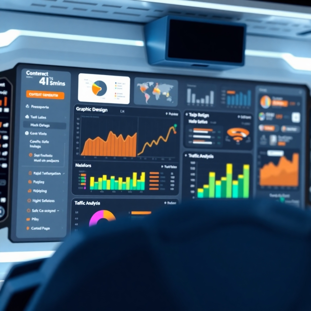 A photorealistic image showcasing a futuristic dashboard with various AI-powered tools, including content generation, graphic design, and traffic analysis modules, all seamlessly integrated into a single interface. The image should have a clean and modern design, emphasizing the power and efficiency of the AI tools.