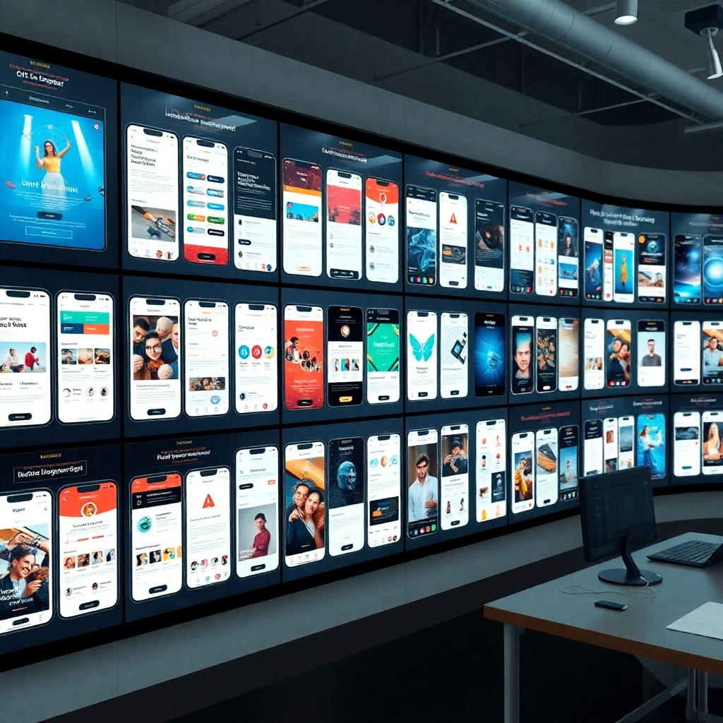 A photorealistic image showcasing a vast library of diverse mobile app templates displayed on a large screen, categorized and easily searchable. Each template should showcase a unique design, highlighting the variety and quality. The background is a clean and organized digital workspace.