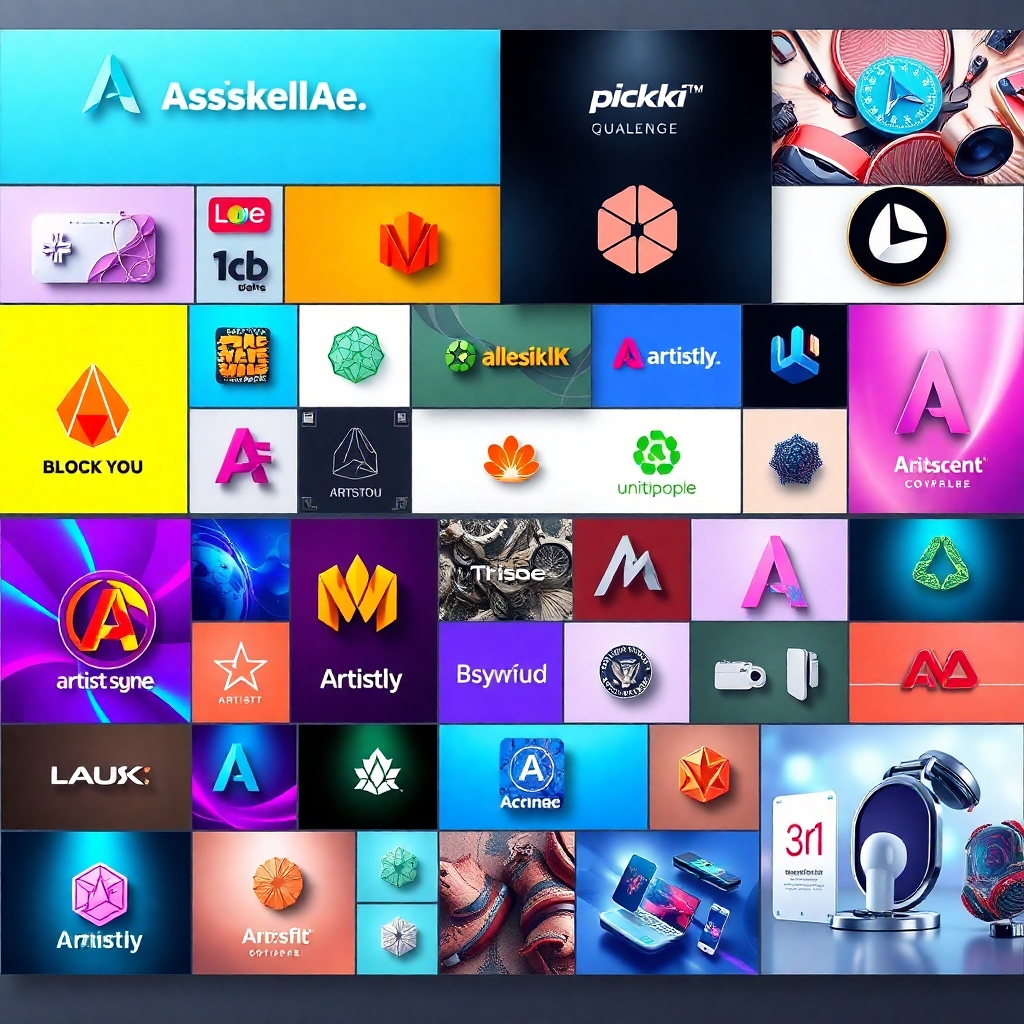 A photorealistic image showcasing a diverse range of high-quality images and designs generated by Artistly, such as logos, marketing banners, and product mockups. The images should be vibrant, diverse in style, and clearly demonstrate the software's versatility. The overall aesthetic is one of endless creative possibilities.