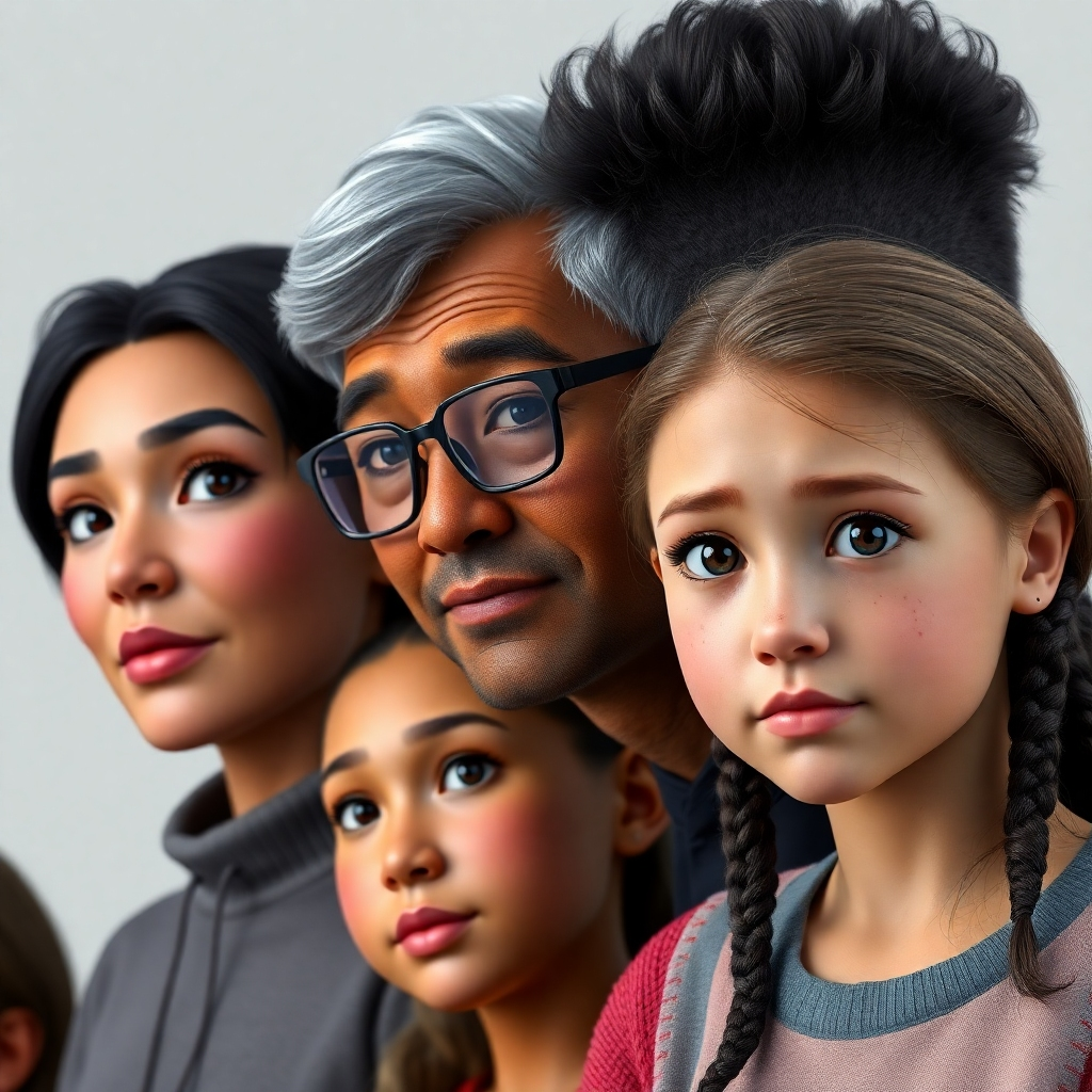 A photorealistic image showcasing a diverse group of AI-generated digital humans; a young African American woman with short hair, an elderly Asian man with glasses, a teenage Hispanic girl with long braids, and a Caucasian child with freckles. Each individual has a unique and detailed facial structure, clothing, and expression, showing a wide range of ages, ethnicities, and styles. The background should be neutral to emphasize the diversity of characters.
