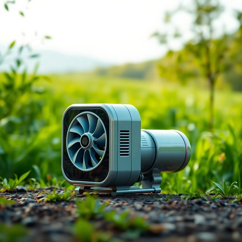 A photorealistic image showcasing a compact, elegantly designed energy generation device, humming quietly, possibly resembling a small, futuristic-looking turbine or generator; in the background, a lush green landscape, symbolizing environmental friendliness and sustainability.