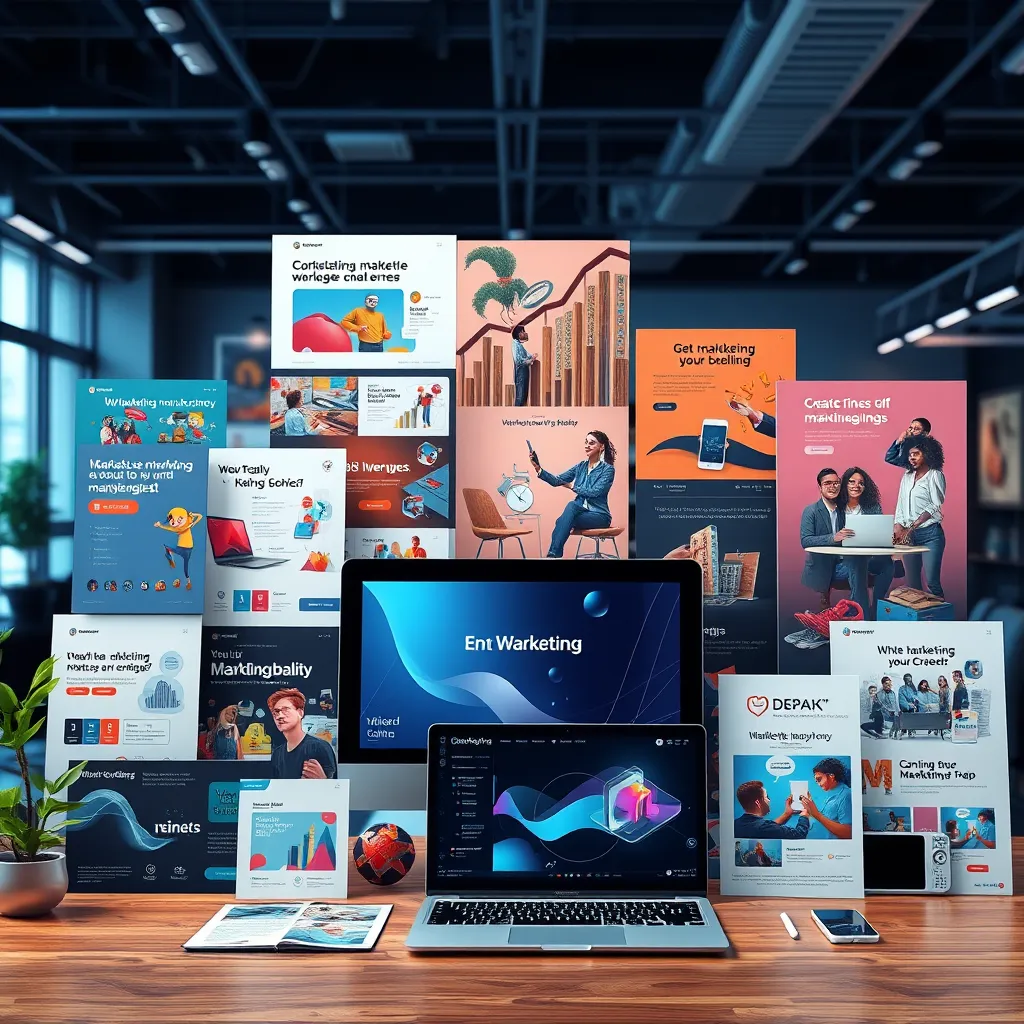 A photorealistic image showcasing a diverse range of high-quality marketing assets like social media graphics, website banners, email templates, and video content. The assets should be visually appealing and professional, representing a significant value to the user. The background can be a modern office setting with a focus on creativity and productivity.