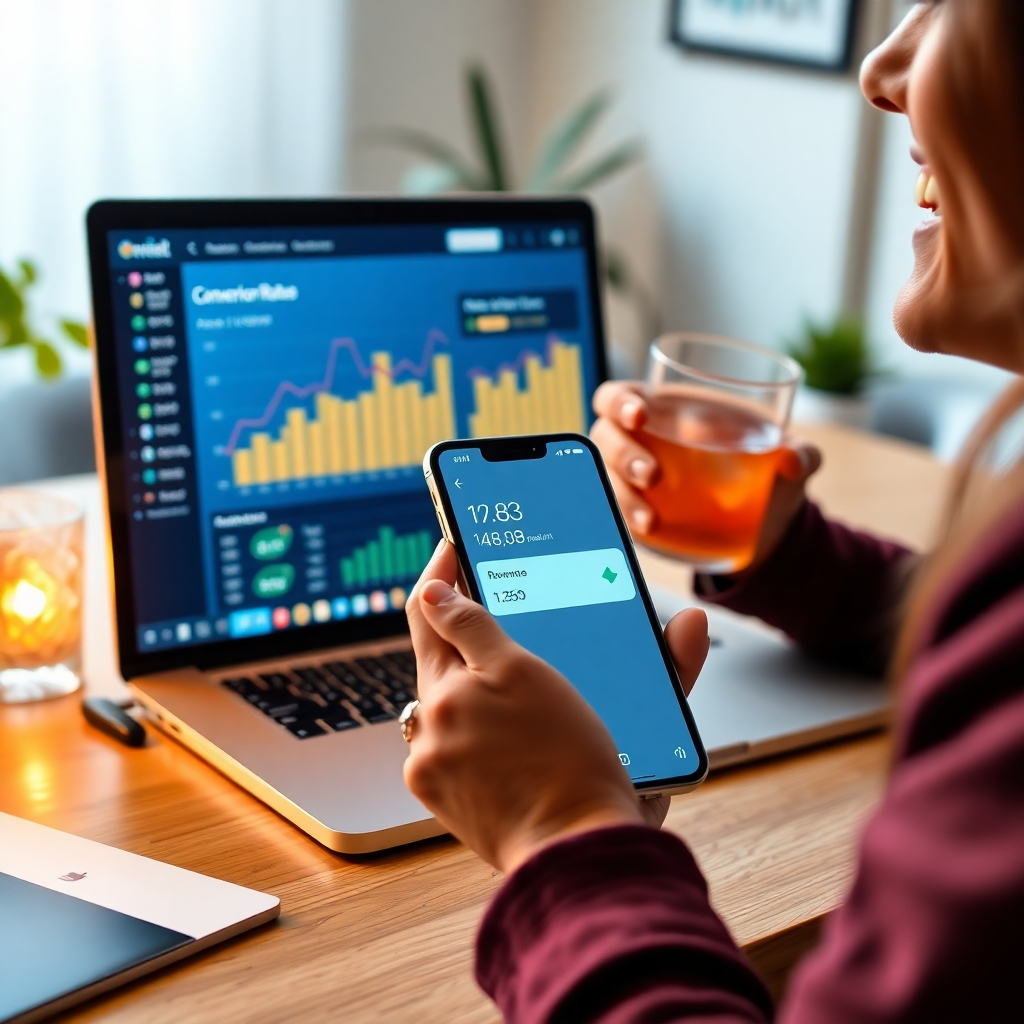 A photorealistic image showing a laptop screen displaying analytics showing high conversion rates and income. Beside the laptop, there is a celebratory scene with a person smiling and holding a celebratory drink and holding a mobile phone with an e-commerce app showing a high revenue or sales figure. The background is a home office setting.