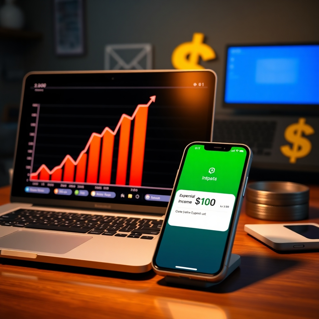 A photorealistic image showing a laptop displaying a graph showcasing exponential income growth, alongside a smartphone displaying a notification indicating a successful $100 transaction.  The background should subtly feature various email marketing tools and a subtle digital currency symbol, suggesting online income and financial success. The overall mood should convey excitement and financial achievement.