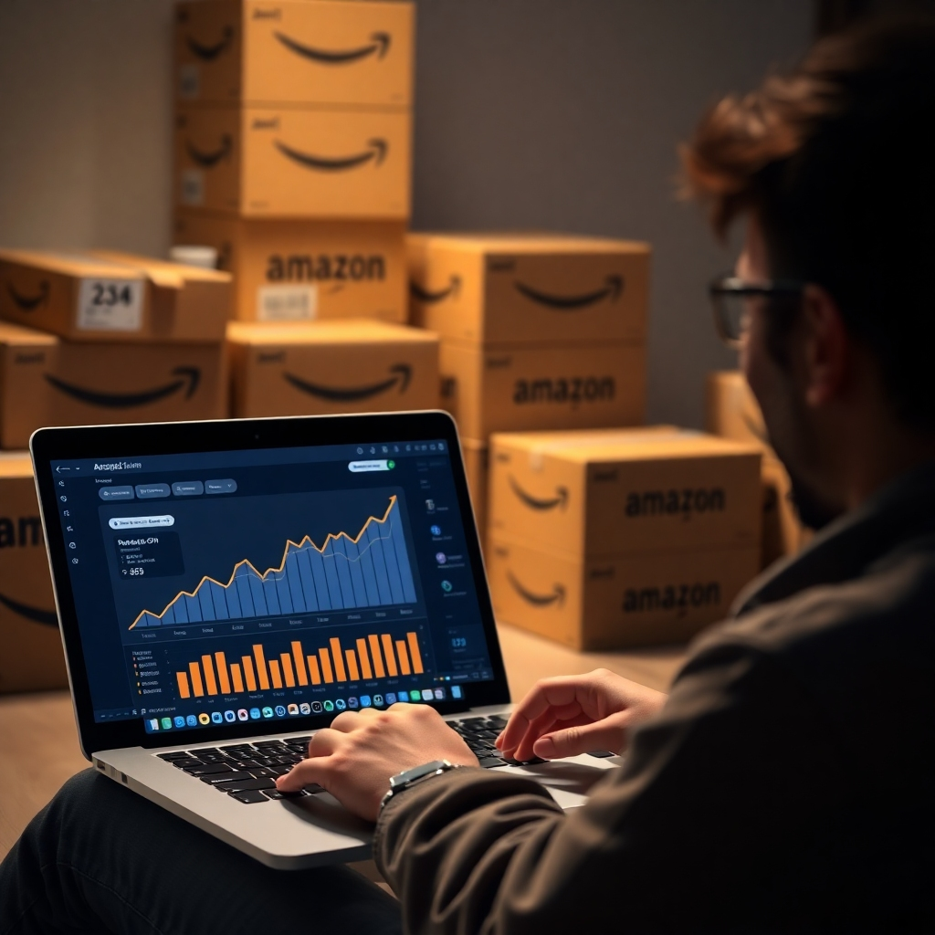 A photorealistic image showing a graph with a sharp upward trend representing significant financial growth. In the foreground, a person is happily looking at their laptop screen which shows an Amazon affiliate store's sales dashboard displaying significant earnings.  In the background, subtly visible, are Amazon packages and boxes, illustrating the scale of the Amazon marketplace and the success of the affiliate store. 