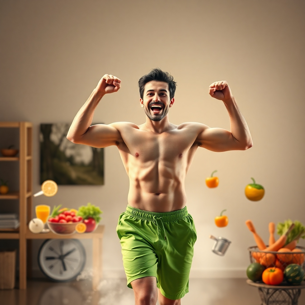 A photorealistic image showing a healthy, active individual in a dynamic pose, radiating vitality and energy. The individual should be surrounded by subtly visible imagery representing healthy food choices and an active lifestyle.  The overall tone should be vibrant and positive, emphasizing transformation and well-being.