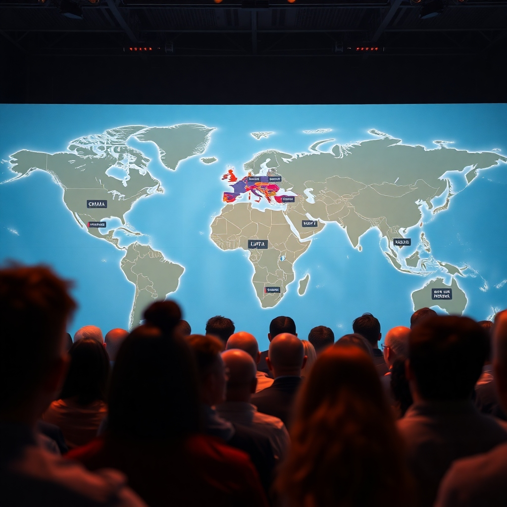 A photorealistic image showing a world map with multiple highlighted locations, representing global reach.  In the foreground, an Intellivid video plays on a large screen, showcasing different languages in its subtitles. The background should have a diverse group of people from different cultures watching and enjoying the video, reinforcing the global audience concept.