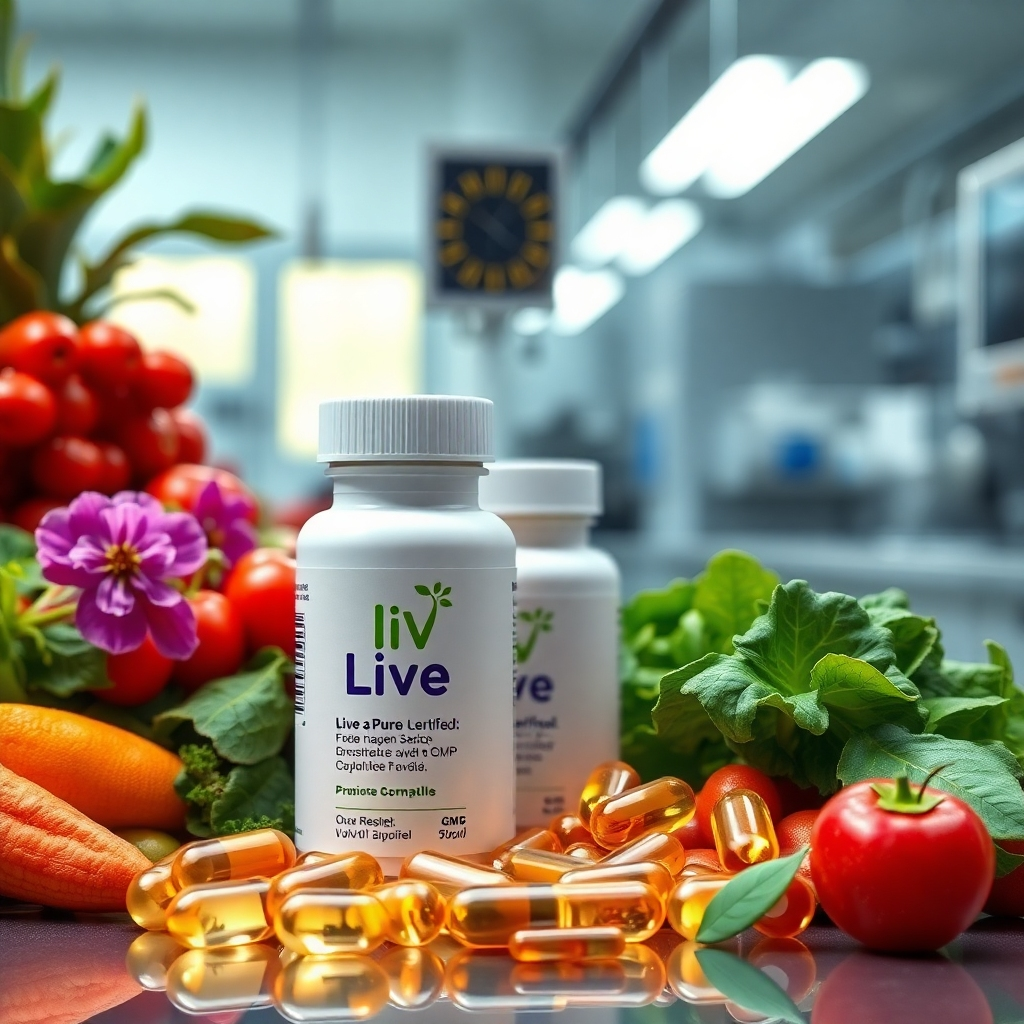 A photorealistic image showing Liv Pure capsules next to fresh, vibrant plant ingredients; the capsules are cleanly displayed against a backdrop of an FDA-registered and GMP-certified facility with modern and sterile equipment; sharp focus, detailed texture, and professional lighting.