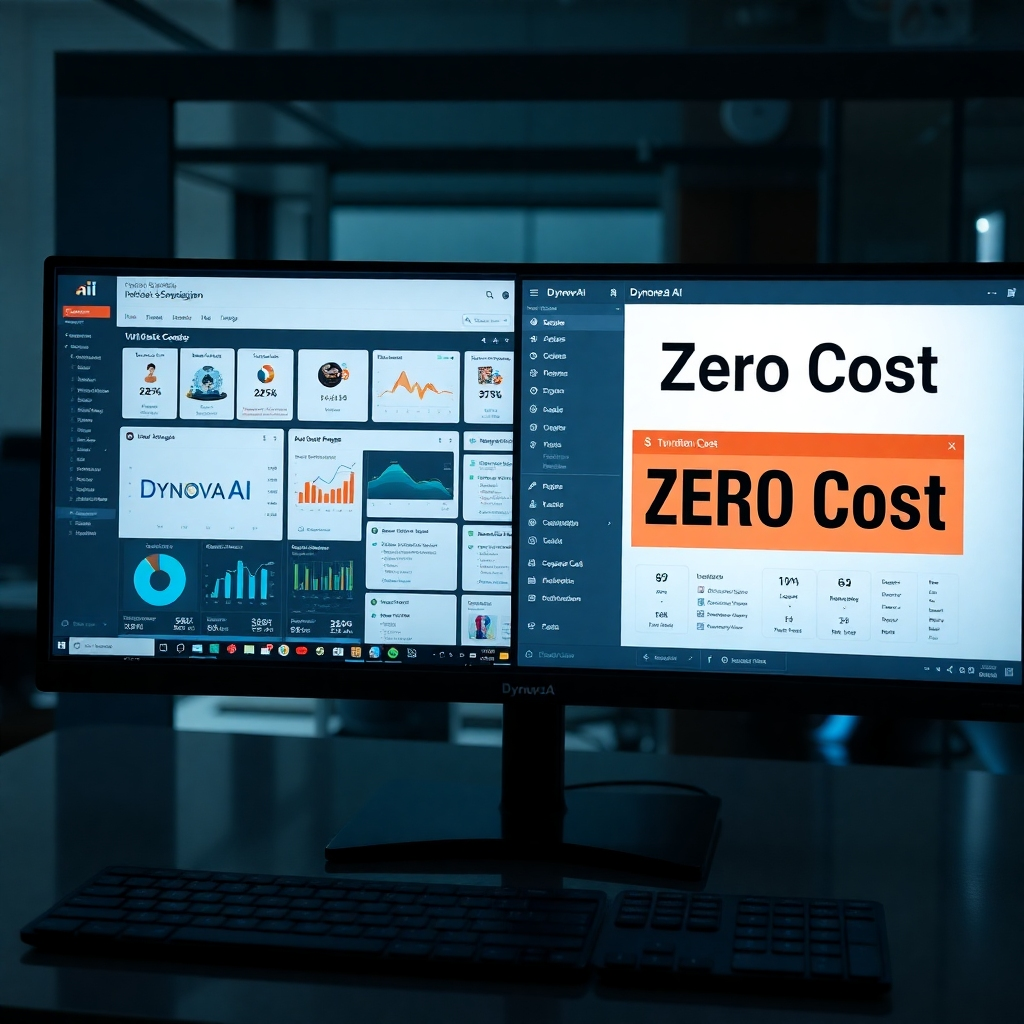 A photorealistic image showing a split screen. One side displays a traditional ad campaign with complicated dashboards and high costs, and the other shows Dynova AI's simple interface with a 'Zero Cost' banner. The image should highlight the contrast in complexity and cost.