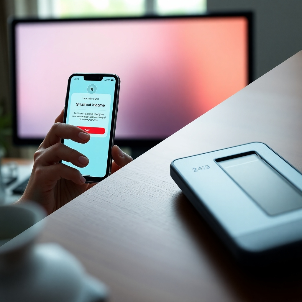 A photorealistic image showing a split screen.  One side displays a person receiving a notification on their phone showing a small but consistent income; the other side displays a calculator with realistic financial calculations based on lower-than-promised returns, highlighting the need for realistic expectations.