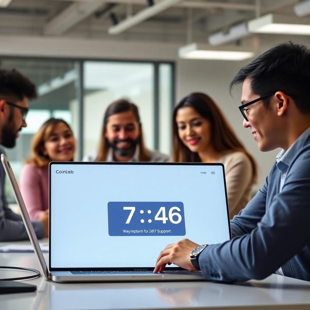 A photorealistic image showing a diverse team of professionals working collaboratively in a brightly lit, modern office setting.  In the foreground, a laptop displays Coinlab's user-friendly interface, showing a 7-day countdown timer.  A supportive hand is guiding a user through the platform.  The overall atmosphere should be calm, collaborative, and supportive, illustrating the ease of setup and access to 24/7 support.