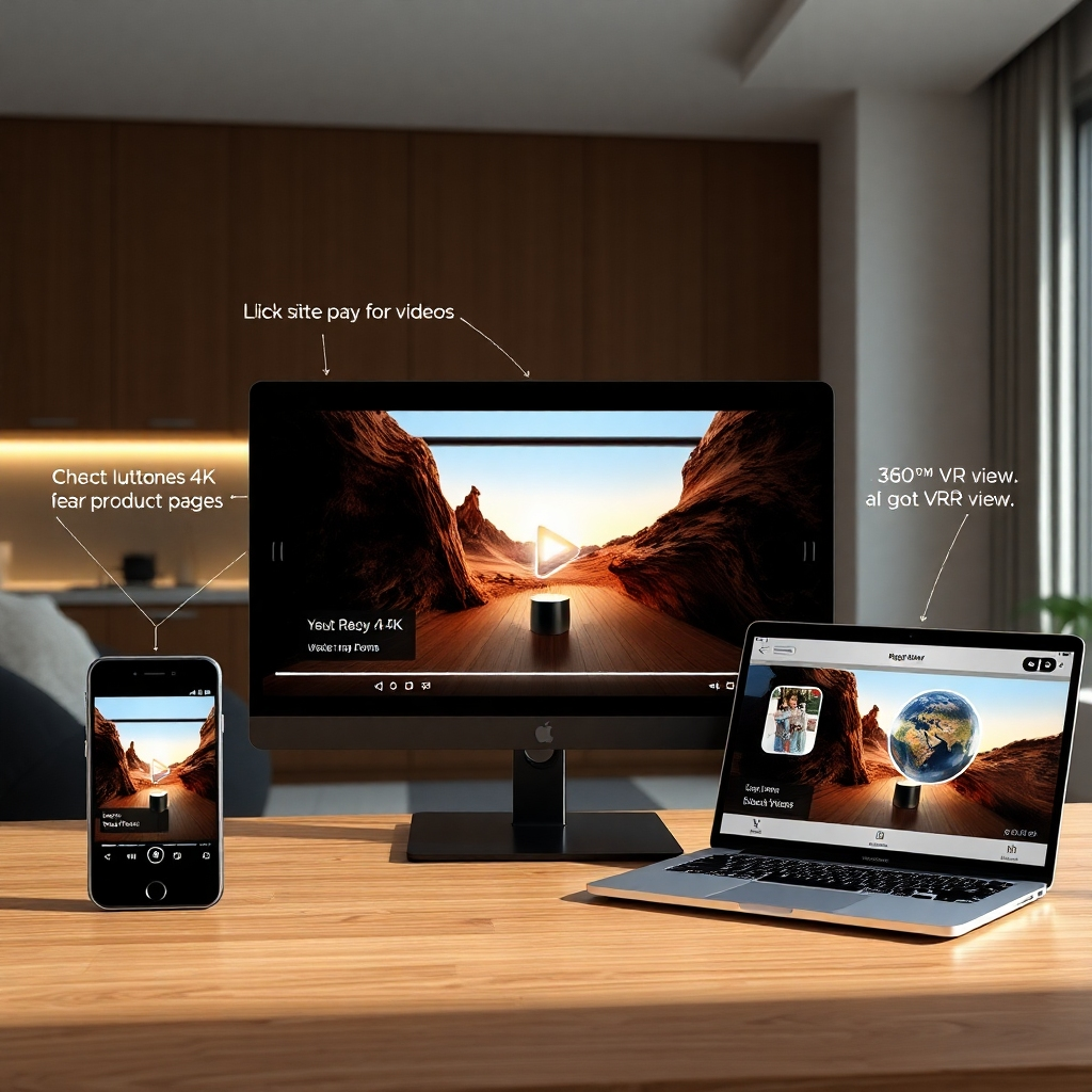 A photorealistic image showing a captivating 4K video with several interactive elements such as clickable buttons leading to product pages, an embedded quiz, and a 360° VR view of a product. The video should be viewed on a variety of devices (phone, tablet, laptop) to highlight responsiveness. The scene should be set in a sleek, modern home environment.
