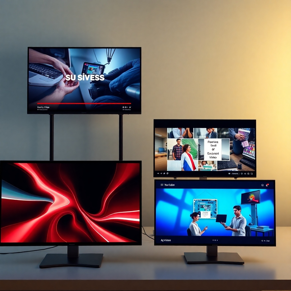 A photorealistic image showing multiple screens displaying diverse videos—a sales video, a YouTube video, an e-commerce product video, and an educational video—all created using AI Video Builder. Each screen should clearly show the video's style and content, emphasizing the versatility of the platform.