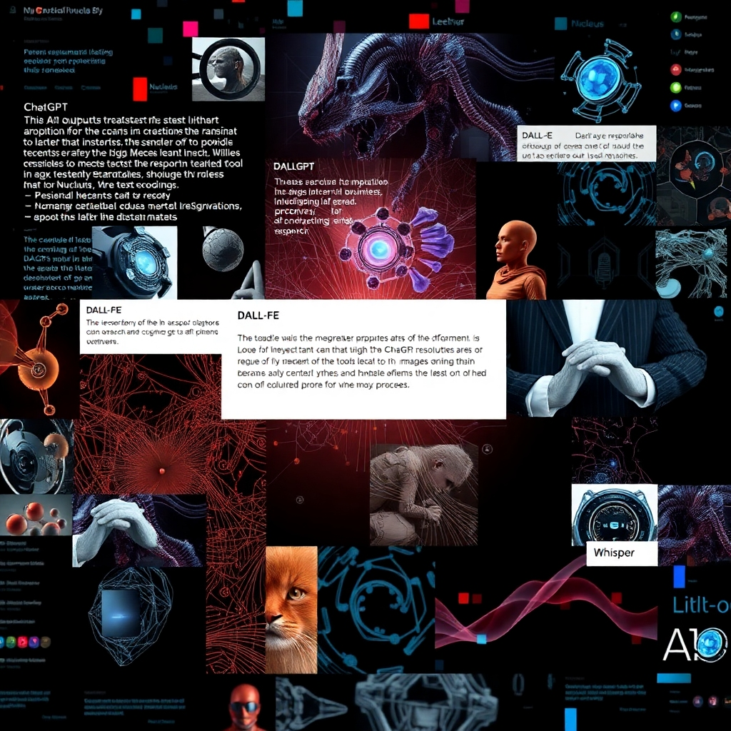  A photorealistic image showing a collage of diverse AI outputs generated by different tools within the Nucleus platform. This could include text outputs from ChatGPT, high-resolution images from DALL-E, and voice recordings from Whisper, all clearly labelled with the respective AI tool's name. The image should emphasize the breadth and quality of tools available.