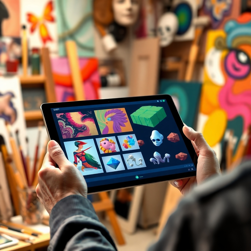 A photorealistic image showing a person using AI art generation software on a tablet, with various artistic outputs displayed on the screen. These could include abstract paintings, digital illustrations, or even 3D models. The background should be a vibrant, artistic space filled with paint brushes, canvases, and other artistic tools. The image should evoke a sense of creativity, innovation, and limitless potential.