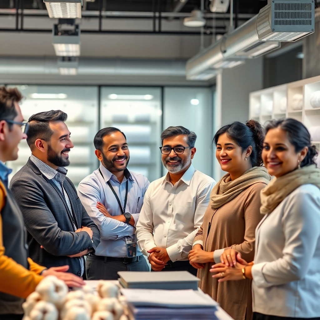 A photorealistic image showing a diverse team of professionals at Kotak Ginning & Pressing interacting with satisfied customers. The scene should be set in a modern, well-lit office with displays showcasing high-quality cotton and textile samples. The expressions on the faces of both the team and customers should convey trust, collaboration, and mutual success. The overall mood should be positive and collaborative.