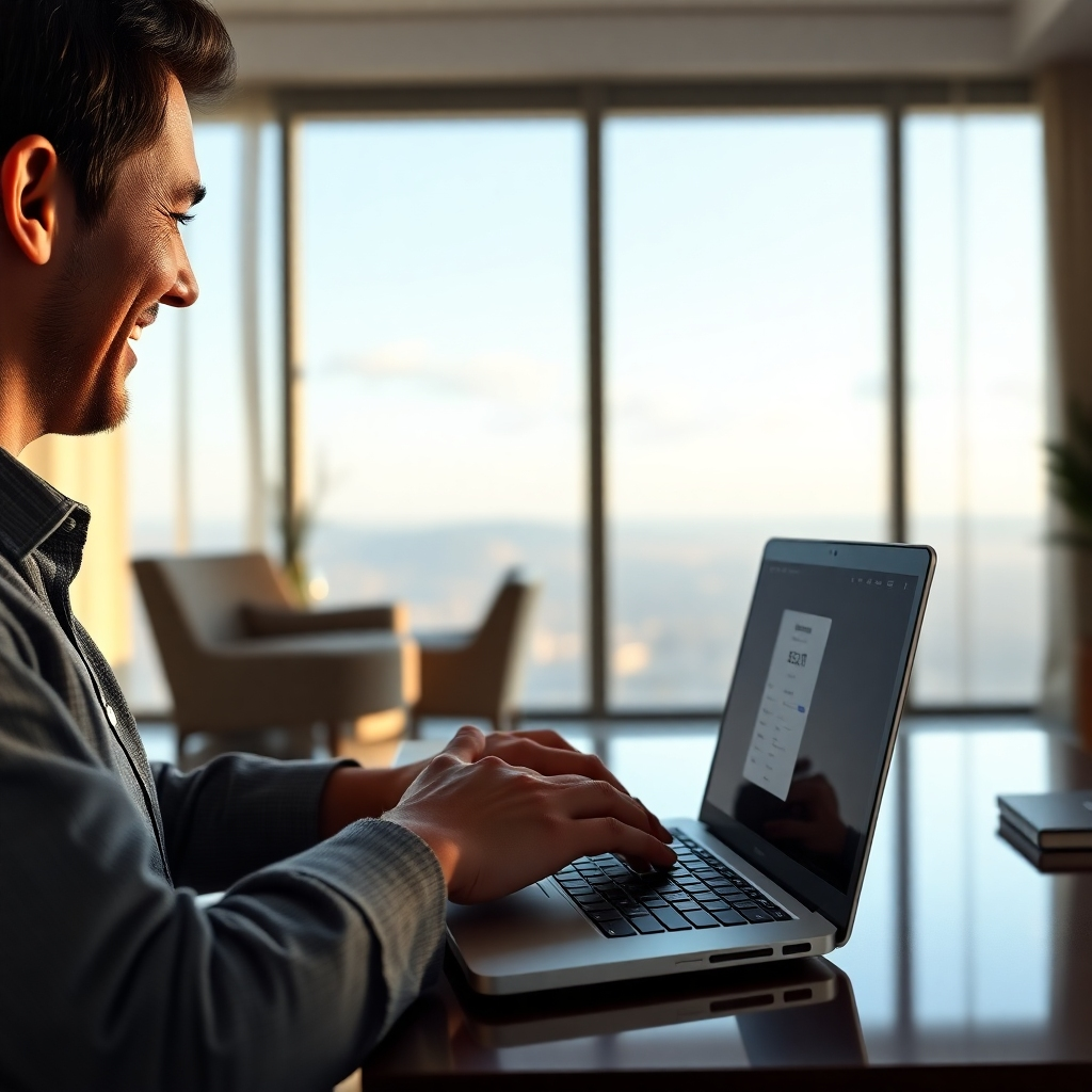 A photorealistic image showing a person happily looking at their laptop screen, which displays a bank account with a significant deposit reflecting earnings made through the Email Millionaire program. The background should feature subtle elements suggesting financial success and freedom, such as a luxurious but minimalist office setting or a scenic view from a home office.