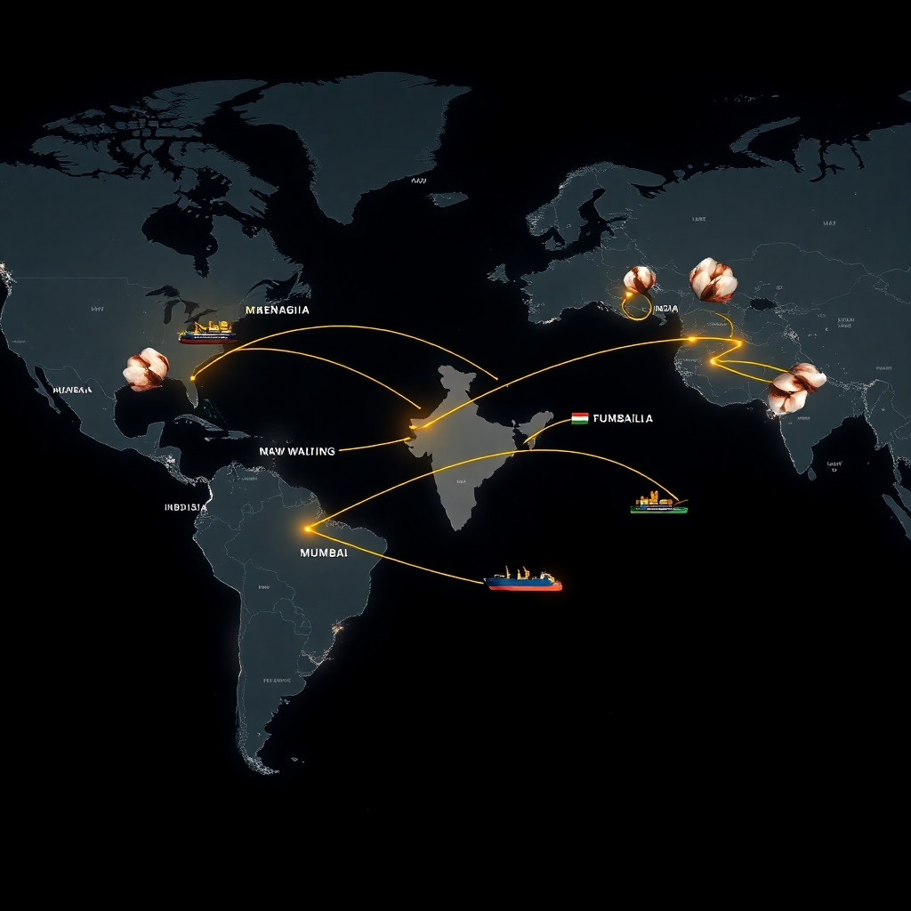 A photorealistic image showing a world map with highlighted trade routes connecting Mumbai, India, to major textile hubs worldwide.  The image should include subtle imagery representing cotton production and textile manufacturing, perhaps with containerships and cotton bales. The overall style should be clean, modern, and emphasize global connectivity.