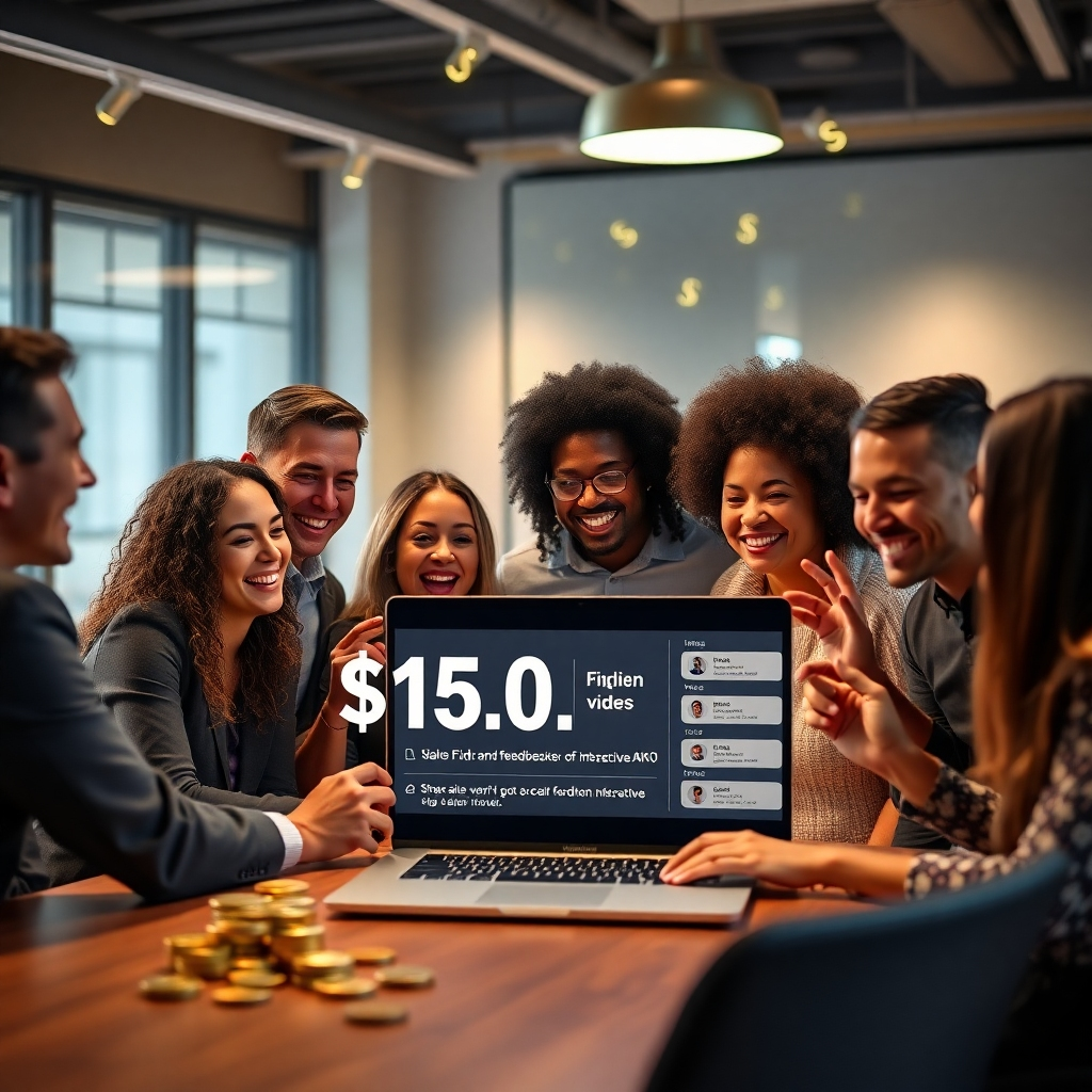 A photorealistic image showing a celebratory scene in a modern office setting. A diverse team is happily looking at a laptop screen showcasing high sales figures and positive feedback on their interactive 4K videos, produced using Vidintrux AI.  Money symbols subtly integrate into the background.