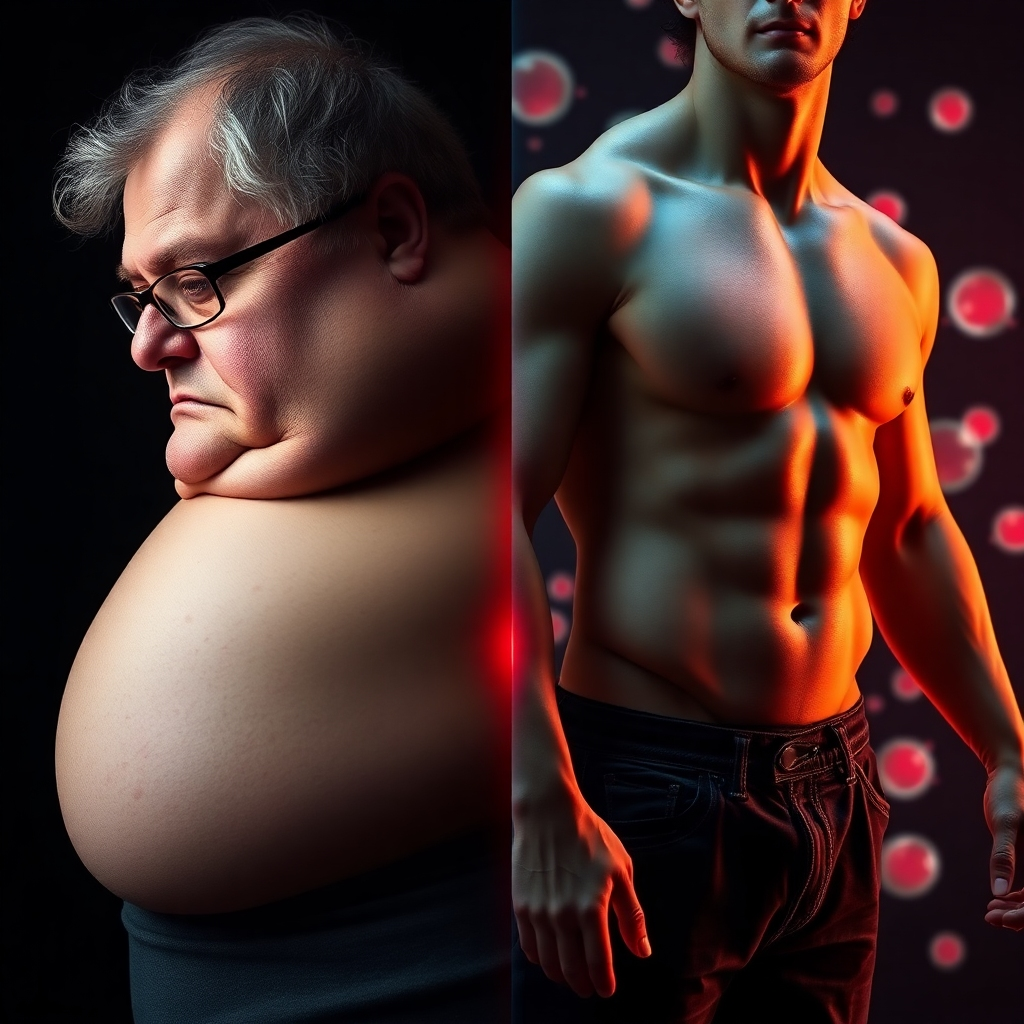 A photorealistic image split in two: one side showing a person with excess weight and a sluggish metabolism; the other showing the same person with a lean physique and increased energy, with glowing liver cells visible in the background; dramatic lighting and color grading, before-and-after effect.