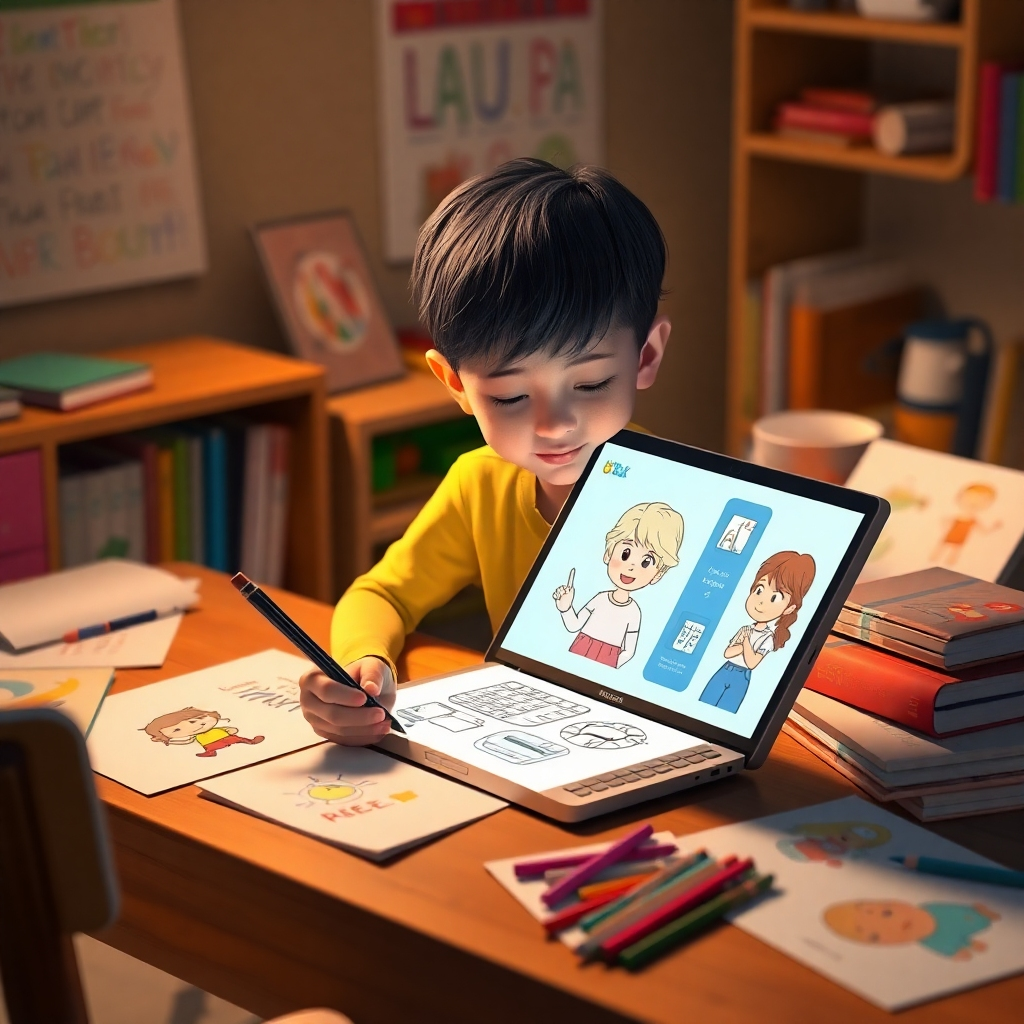 A photorealistic scene of a child sitting at a desk, surrounded by drawings and colorful books. The child is using Kids Book AI on a laptop to customize a character for their story, using a digital stylus to create unique features. The lighting is warm and inviting, emphasizing the child's creativity and focus.