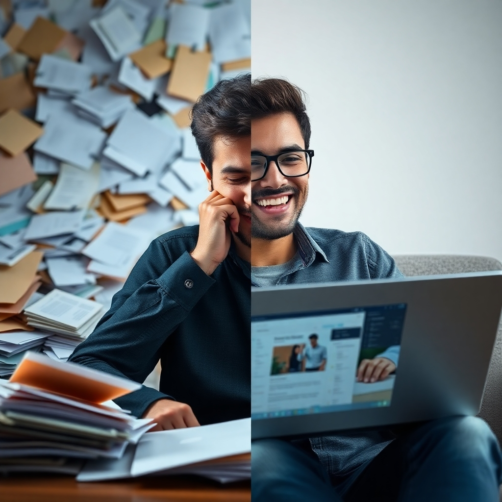 A photorealistic split image.  One side shows a stressed person surrounded by scattered papers and overflowing inboxes, representing the costs and stress of traditional design.  The other side depicts a relaxed person smiling and working efficiently on a laptop, with the Artistly interface visible and a finished design displayed, representing the affordability and efficiency offered by Artistly.