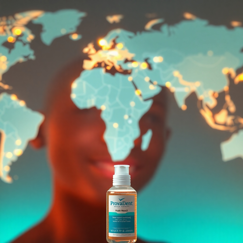 A photorealistic world map with glowing points of light representing countries where ProvaDent is making a positive impact on oral health.  In the foreground, a close-up of a person with a healthy smile should be shown, with a bottle of ProvaDent subtly placed near them. The color palette should be bright and optimistic.